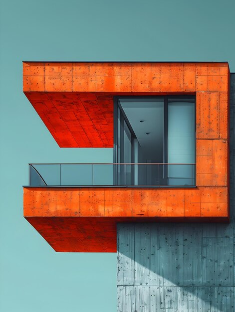 Photo striking orange and blue geometrical architectural facade with minimalist concrete design and unique angled patterns