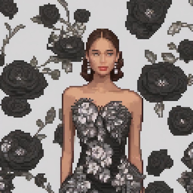 Photo striking pixel art of a woman in a classic black and white dress against a vibrant floral backdrop