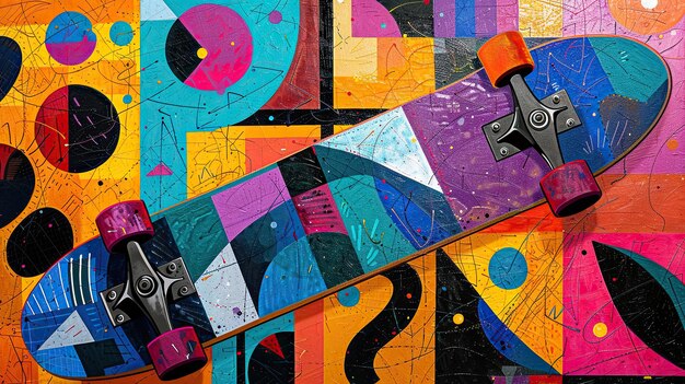 A striking pop art composition featuring a brightly colored skateboard with abstract patterns and shapes in the background