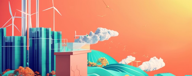 Photo striking popart styled mockup with a podium wind turbines and futuristic cityscape