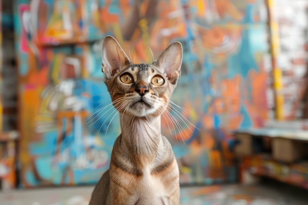 Striking Portrait of an Alert Domestic Cat with Vivid Graffiti Wall Background Colorful Urban Pet