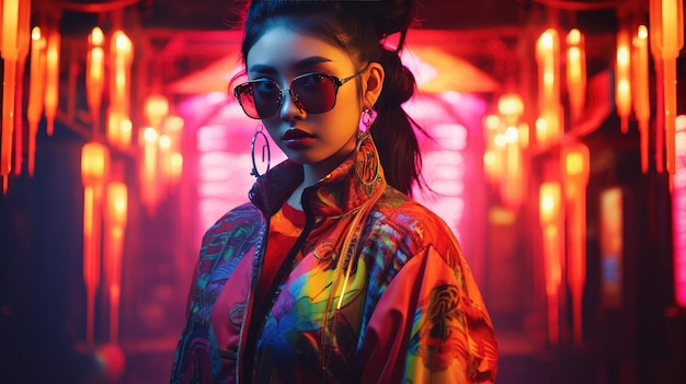 A striking portrait of an Asian girl her attire harmonizing with the neon ambiance