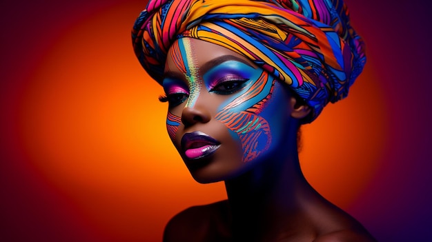 A striking portrait of a confident black woman wearing elaborate makeup her eyes adorned