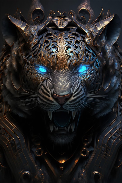 A striking portrait magnificent glowing black lion in armor AI Generated