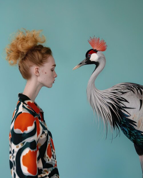 A striking portrait of a woman facing a crane against a soft turquoise background showcasing their contrasting features and vibrant colors