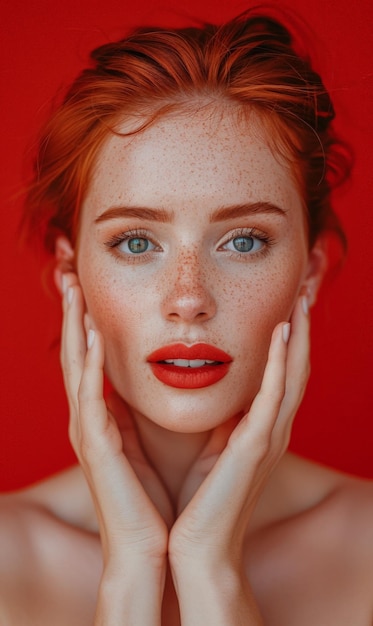 Photo a striking portrait of a woman with red hair and red lipstick against a red background