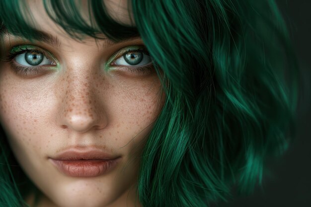 Striking portrait of a woman with vibrant green hair and piercing blue eyes