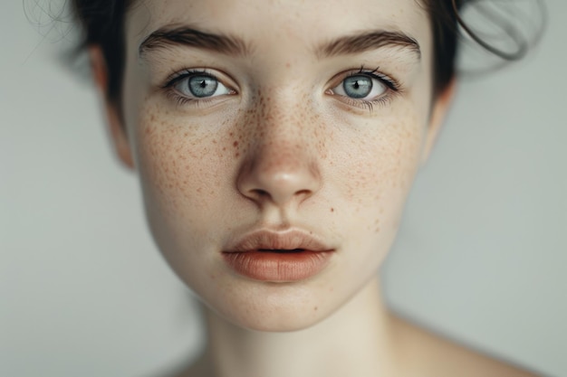 Striking portrait of a young person with freckles and blue eyes