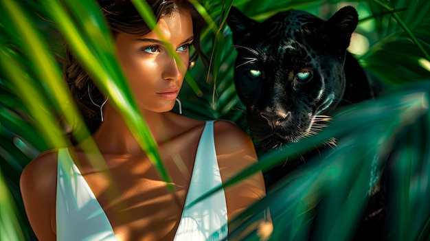 Photo striking portrait of a young woman and a black panther lurking in the green jungle their intense ga