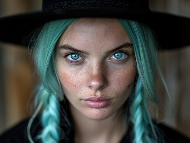 Photo striking portrait of a young woman with vibrant turquoise hair and piercing blue eyes