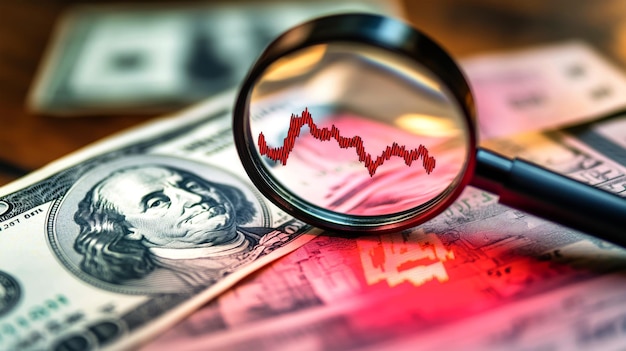 A striking portrayal features a red downward arrow and dollar bill viewed through a magnifying glass symbolizing a market downturn against a stock chart backdrop