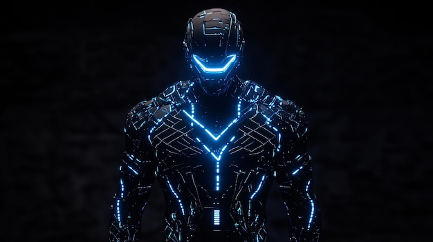 A striking portrayal of a humanrobot hybrid featuring cybernetic skin that glows with digital lines