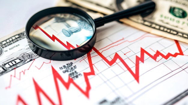 A striking red arrow points downward amidst dollar bills accompanied by a magnifying glass capturing the gravity of a stock market downturn