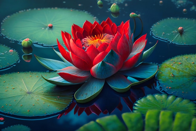 A striking red lotus bloom floats serenely atop deep blue water surrounded by lush green foliage