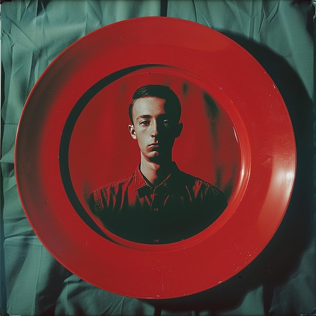 Photo striking red plate with a man in front capturing a vibrant moment