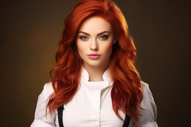 A striking redhaired woman confidently poses for a picture wearing stylish suspenders Perfect for fashion lifestyle and portrait themes