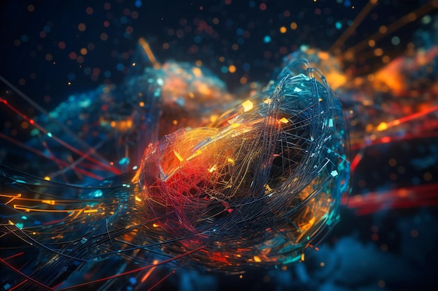 A striking representation of digital cyberspace with particles and data network connections intertwining in a cosmic dance