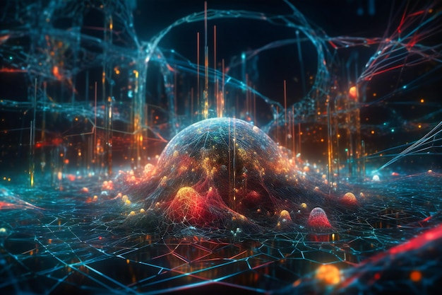 A striking representation of digital cyberspace with particles and data network connections intertwining in a cosmic dance