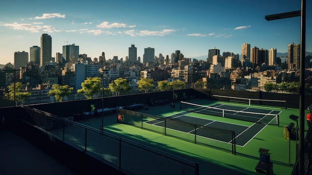 Striking rooftop padel match with urban backdrop