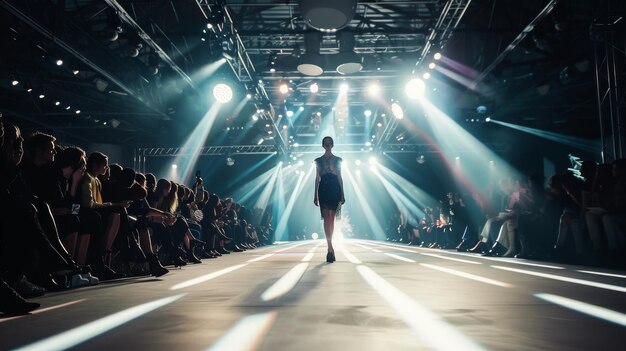 Photo a striking runway scene with a model walking under dramatic lighting capturing the essence of high fashion and glamour