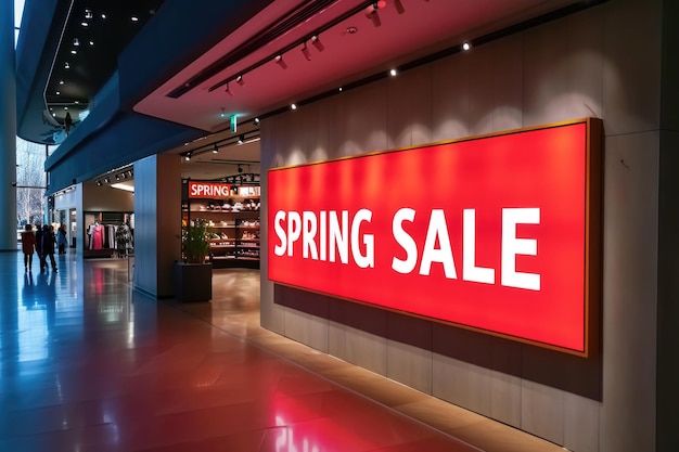 A striking SPRING SALE sign that takes center stage in a clean uncluttered retail environment signaling great seasonal deals