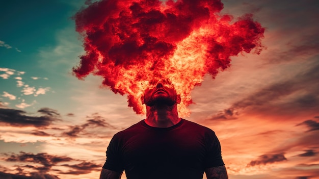 Photo under a striking sunset a man embraces a surreal moment as fiery flames emerge from his head creating a dramatic contrast with the colorful sky