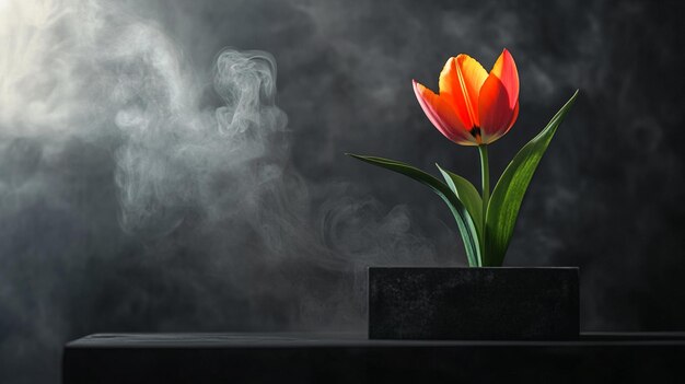 A Striking Tulip Displayed on a Black Podium with Aesthetically Pleasing Swirls for Creative Showcase