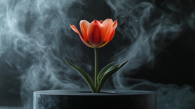 A Striking Tulip Displayed Elegantly on a Black Podium for Floral Inspiration and Event Decoration Ideas