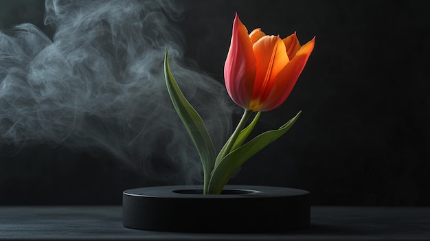 A Striking Tulip Displayed Elegantly on a Black Podium with Artistic Swirls for EyeCatching Floral Arrangements