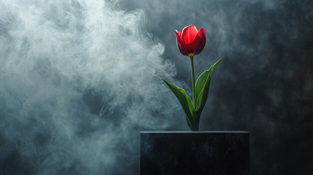 Photo a striking tulip displayed elegantly on a black podium with artistic swirls