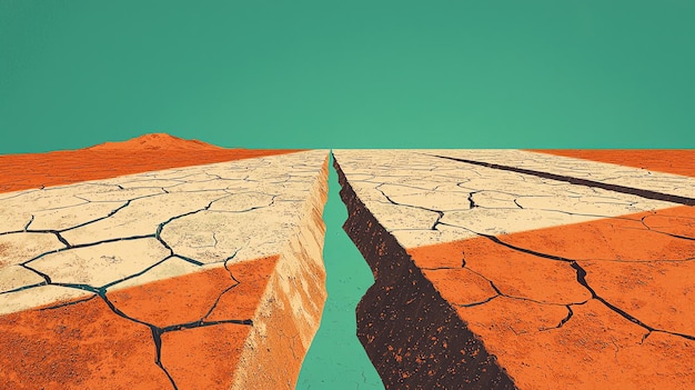 A striking view of cracked earth symbolizing drought and environmental change against a vibrant turquoise sky