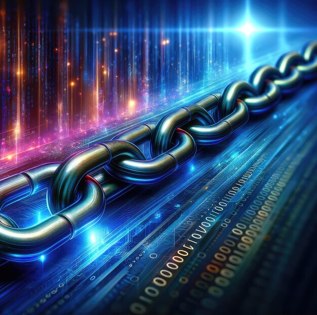 striking visualization of a blockchain concept with a strong metallic chain set against a vibrant digital background data connections The golden and blue hues cybersecurity in the digital age