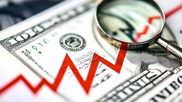 A striking visualization of financial decline features a red arrow plunging downward alongside dollar bills highlighted under a magnifying glass to emphasize market scrutiny