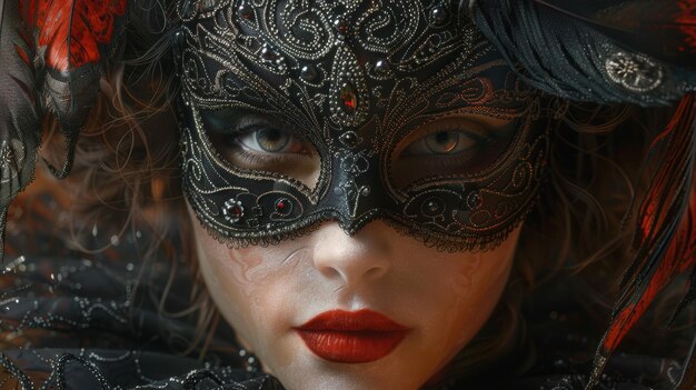 Photo a striking woman in an ornate mask captivates with her mystery at a masquerade ball