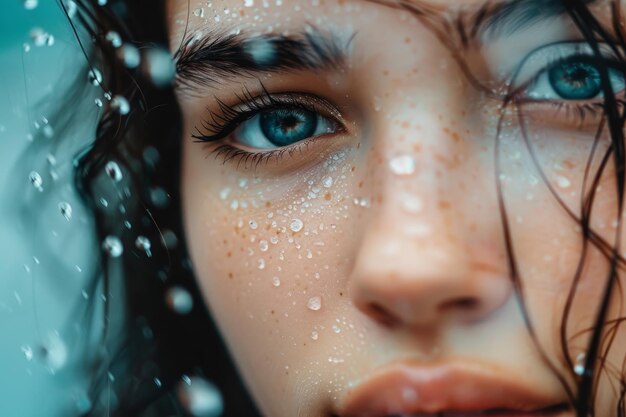 Photo a striking woman with blue eyes glistens with water droplets on her face an alluring lady with water droplets glistening on her hair