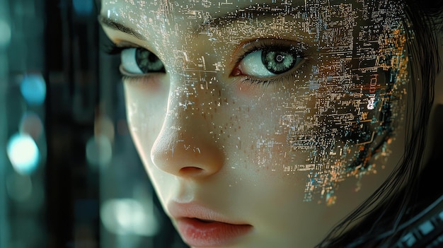 Photo a striking woman with cybernetic enhancements her eyes showcase advanced ai circuits