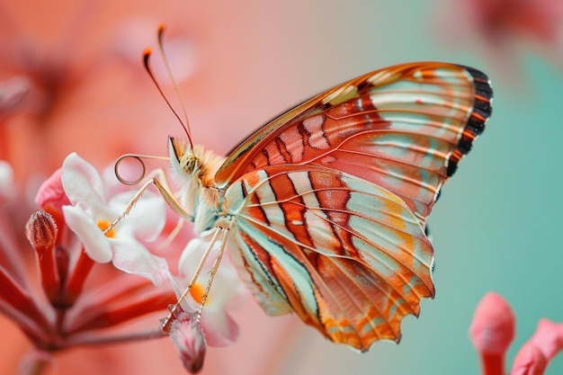 Strikingly Beautiful Closeup Of A Butterfly On A Flower In Full Bloom On A Coral Pink Background