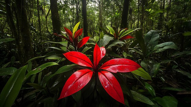 Photo a strikingly rare amazonian plant species with bright red leaves nestled among the dense