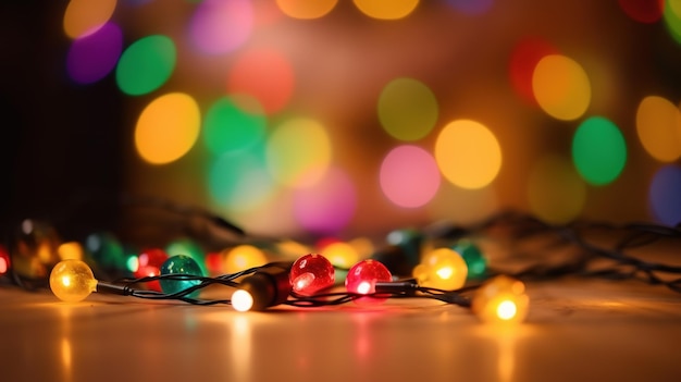 A string of christmas lights is shown in front of a blurred background.