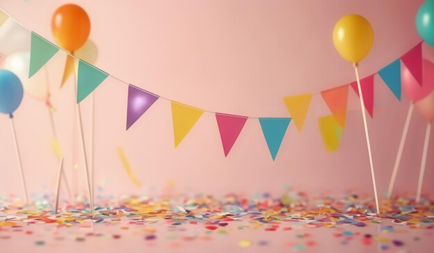 a string of colorful flags with a pink background and a banner that says party