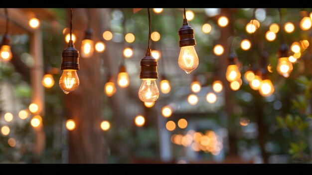 Photo string of edison bulbs hanging in a garden setting