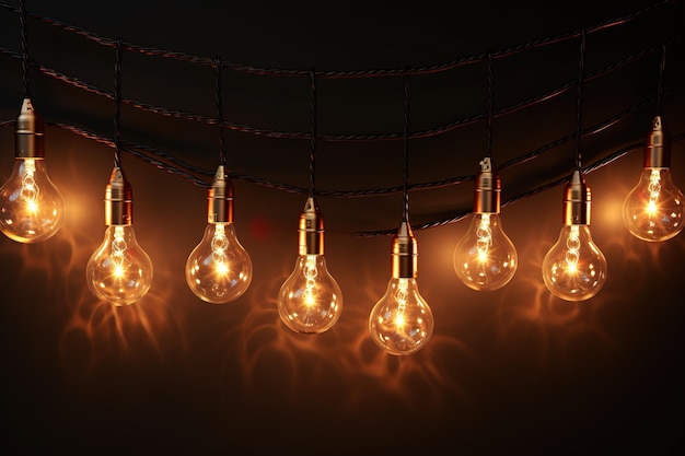 Photo a string of golden light bulbs on a white background on a clear png or white background