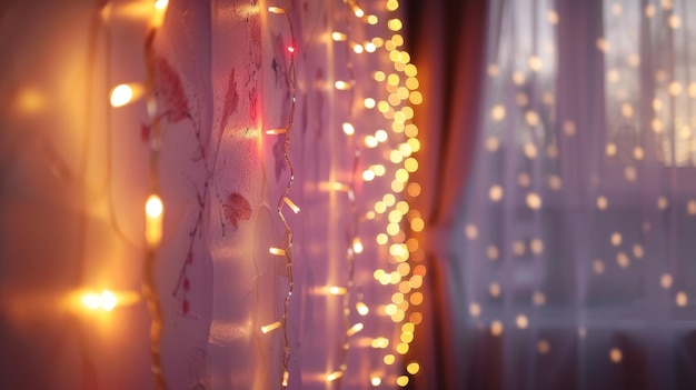 Photo string lights create a warm and inviting glow against a pink wall