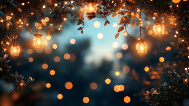 String of Lights Hanging from Branches with Bokeh Background