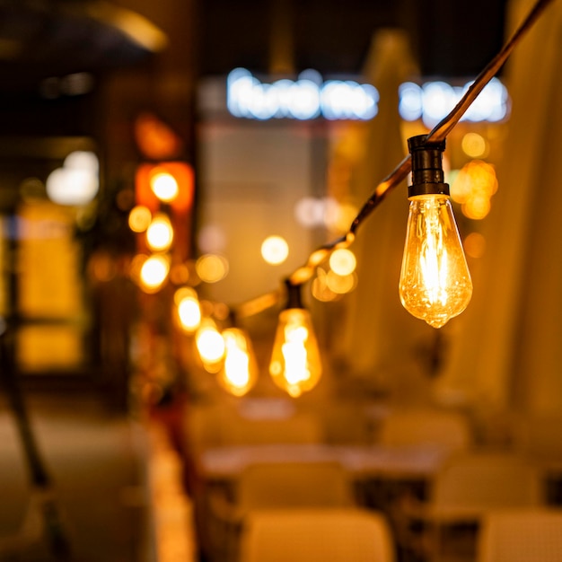 a string of lights that are hanging from a rope