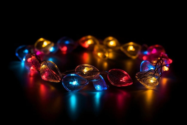 A string of lights that are lit up with a black background