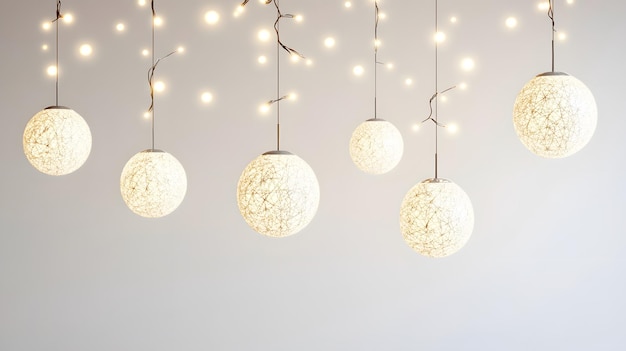 String of Lights with Woven Sphere Lamps Against a White Wall