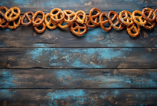 a string of pretzels on a chalkboard behind brown and blue wood in the style of gold and azure