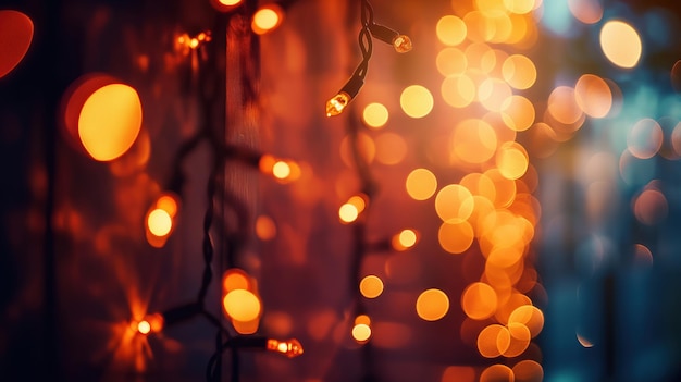 String of warm orange fairy lights glowing with a soft blurred bokeh effect in the background creating a festive and cozy atmosphere