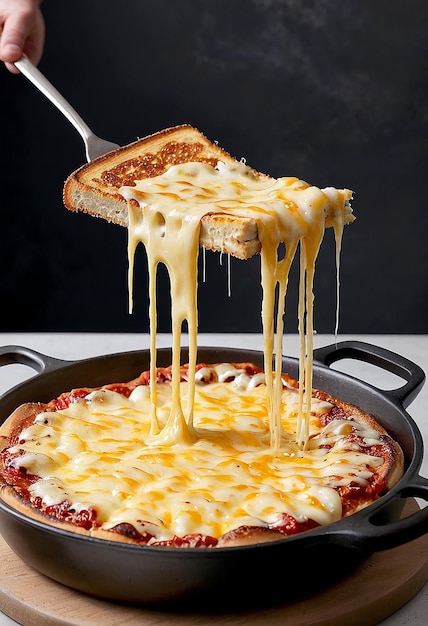 Photo stringy cheese pulls from grilled cheese sandwich